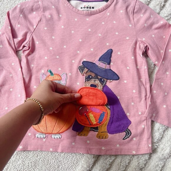 Mini Boden Halloween Trick Or Treat Pumpkin Cat & WitchDog Tunic Appliqué 6Y- 7Y - Picture 2 of 5